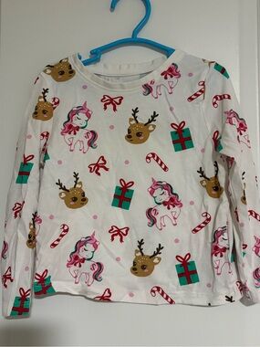 Primark White Girls Long Sleeve Unicorn & Reindeer Holiday Tee